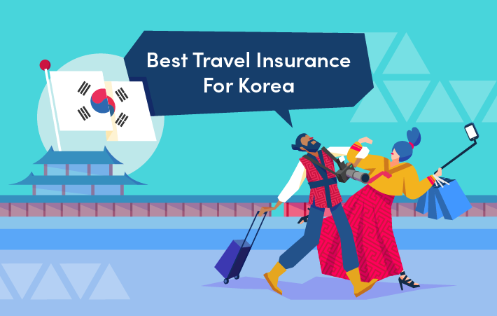 two cartoon tourists dressed in traditional korean costumes, holding luggage, shopping bags, and a selfie stick as they explore traditional korean palaces