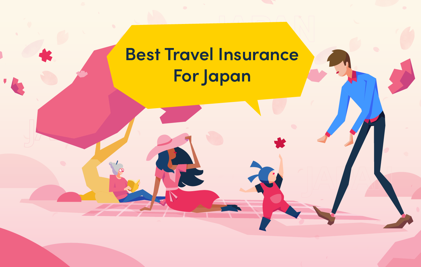 a happy cartoon family travelling in japan and sitting under pink cherry blossoms