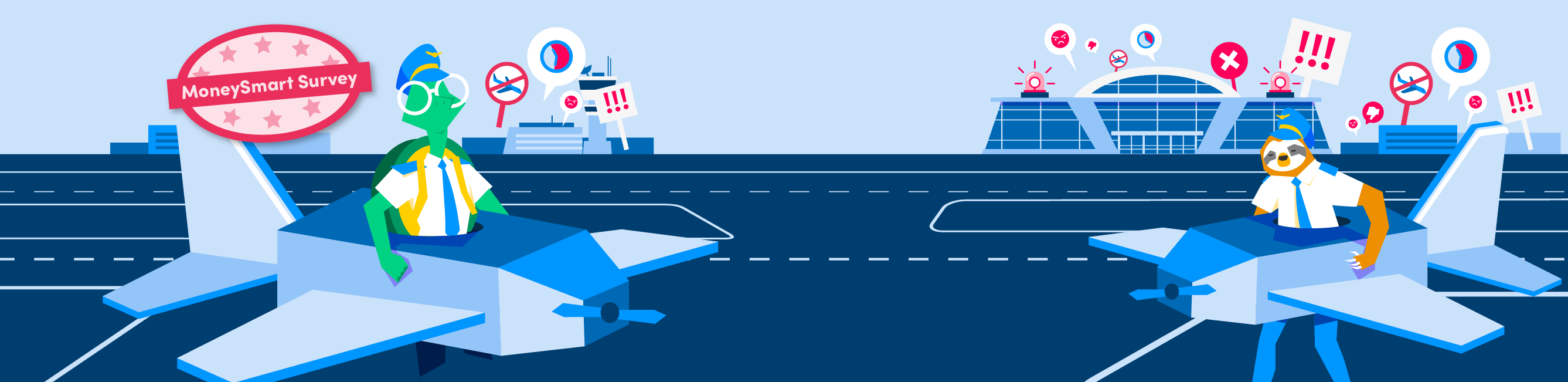 cartoon tortoise and sloth pilots in cardboard planes taking off from a runway with negative exclamations and expression speech bubbles coming from the airport in the background