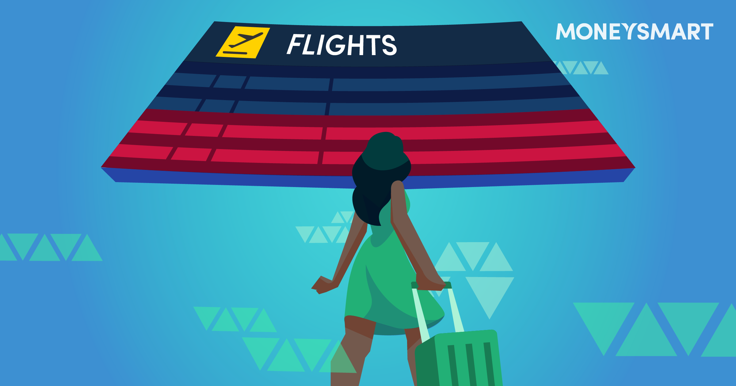 cartoon woman finding her departure or arrival flight on the flight information display panel
