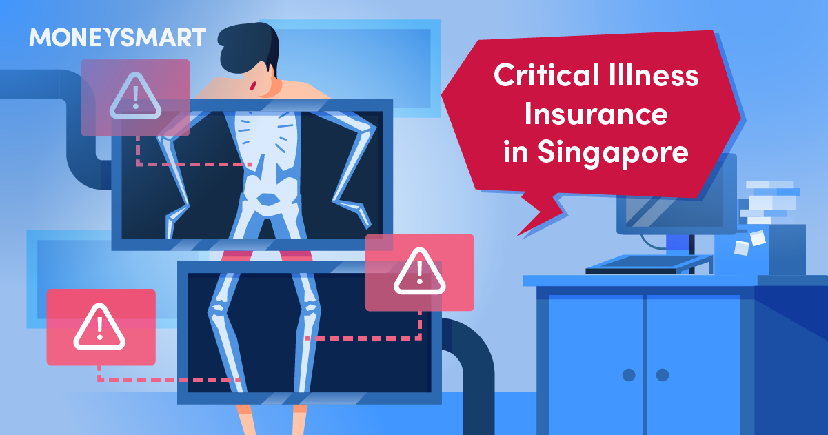a cartoon man undergoing an x-ray scan with various body parts labelled with red warning alerts, alongside a red pop-up speech bubble reading "Critical Illness Insurance in Singapore"