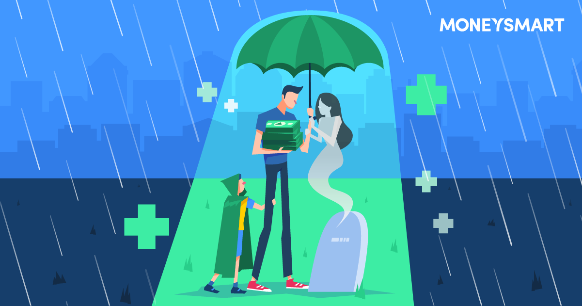 a cartoon man holding a green umbrella shielding himself and his son from the rain as they visit his ghost wife's grave