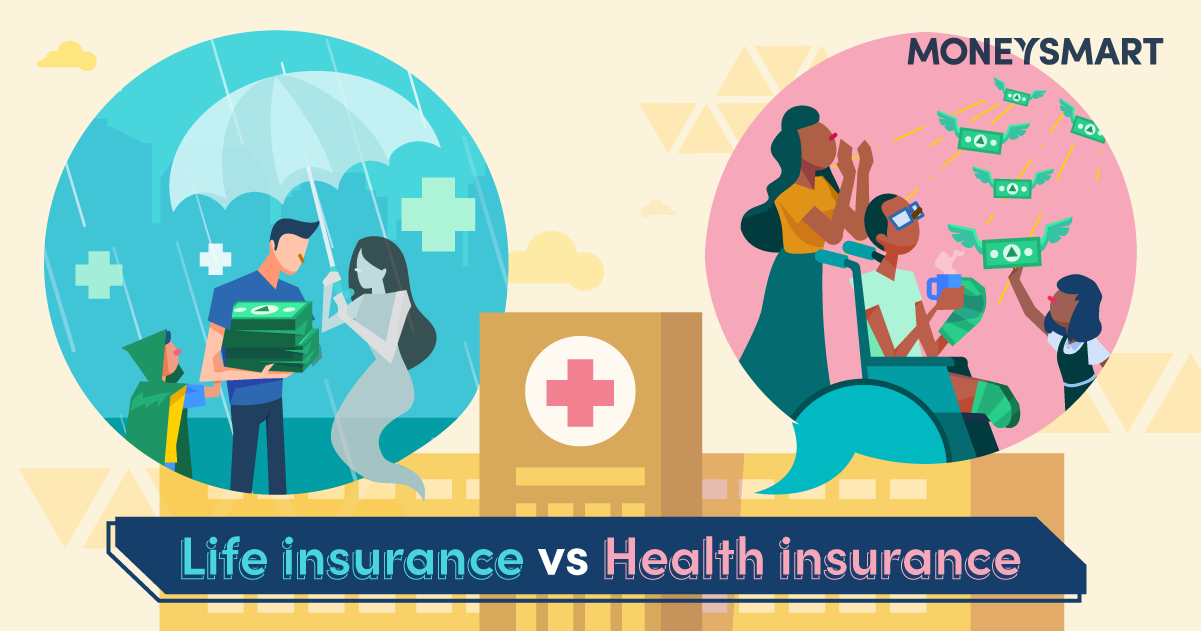 two cartoon families in speech bubbles comparing life insurance vs health insurance