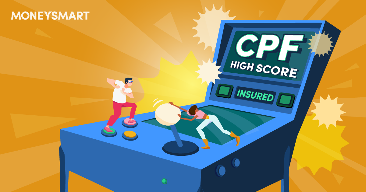a cartoon man and woman cooperating to achieve a CPF high score on an arcade machine