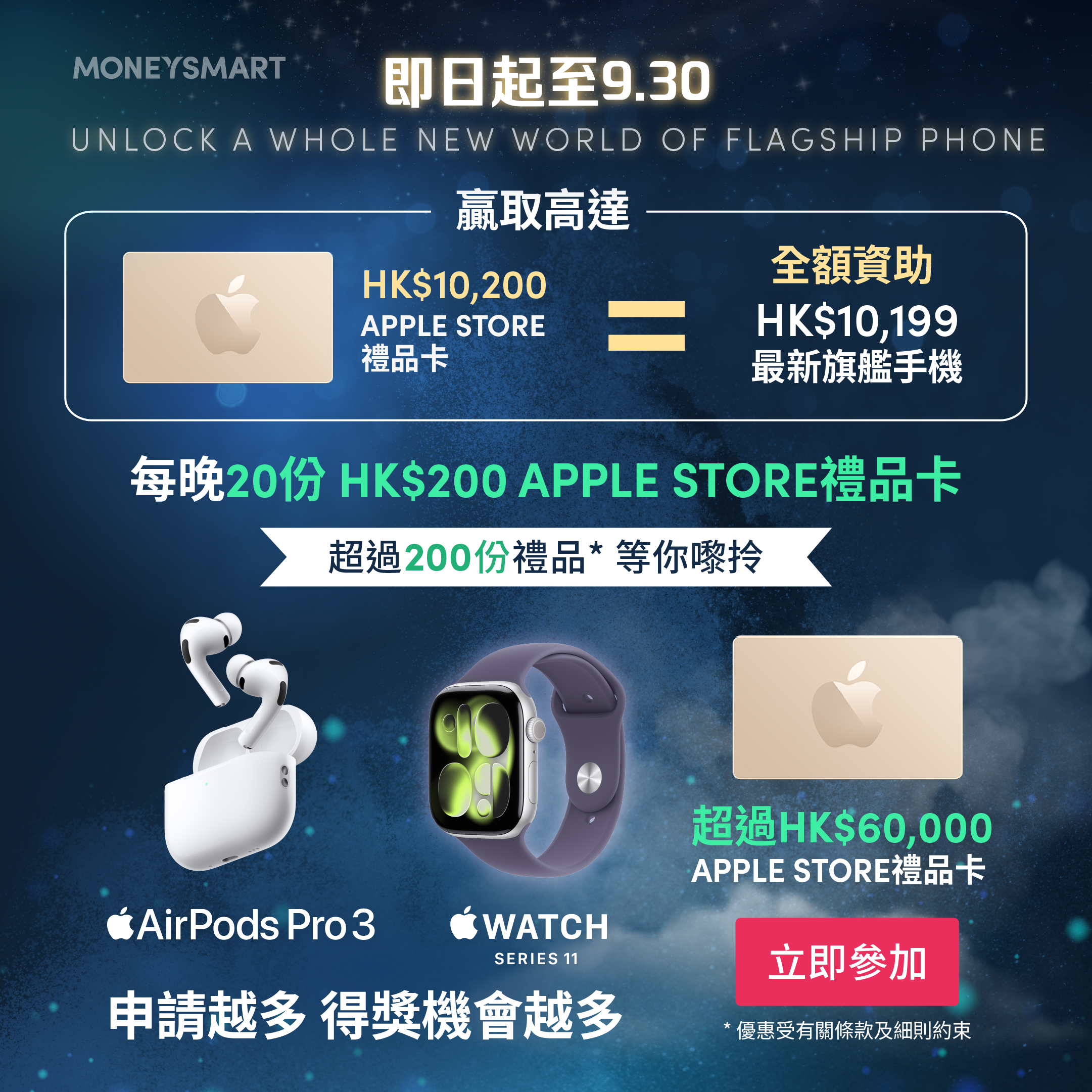 贏取高達HK$10,200 Apple Store禮品卡= 全額資助HK$10,199最新旗艦手機| 超過200份禮品等你嚟拎！ |  MoneySmart