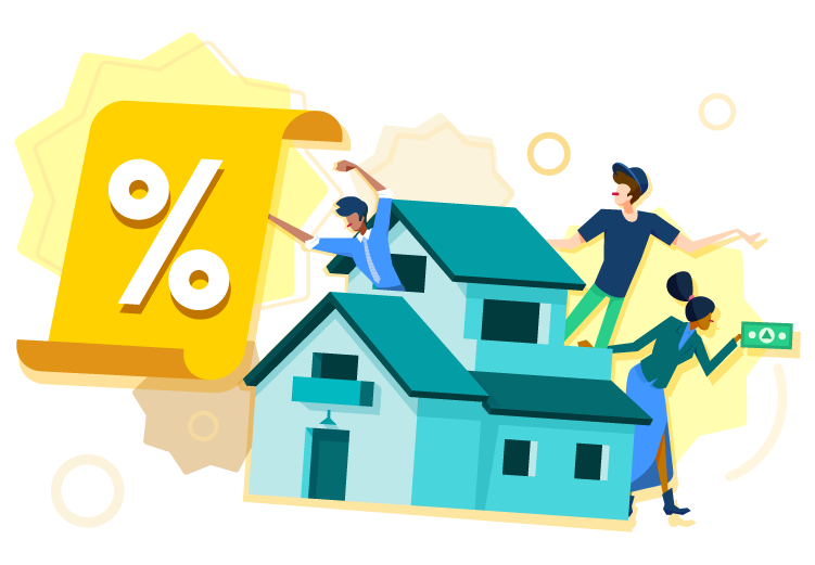 three cartoon people posing around a green double-storey house with one of them holding a big yellow letter with a % symbol on it